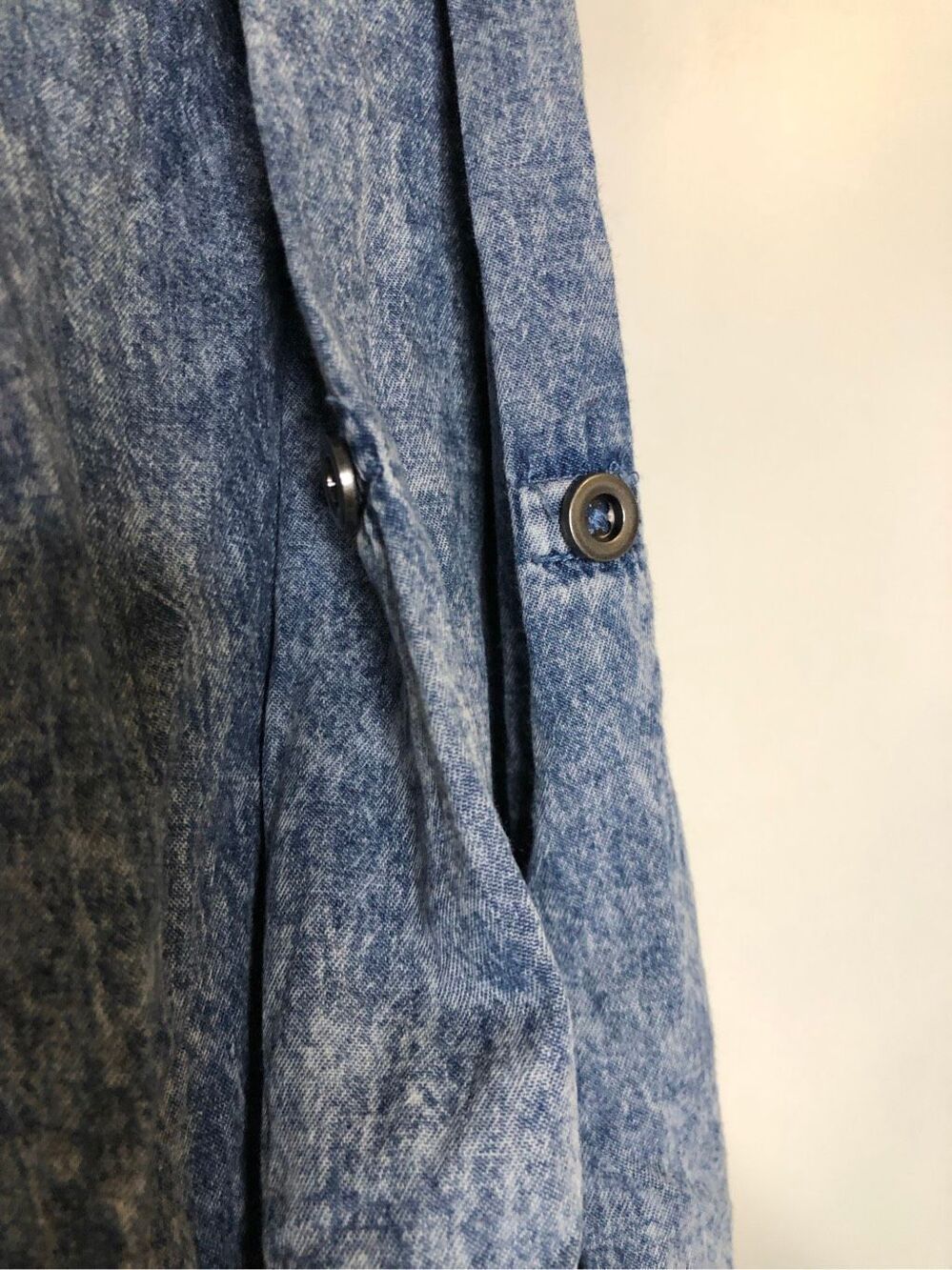 Zenana Acid Wash Denim Shirt A-line Dress L 100% Cotton Button Front Tiered Long - Picture 8 of 8